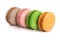 Four macaroons isolated on white background closeup