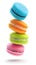 Four macaroons levitating over white background. Generative AI vertical illustration