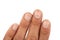 Four male fingers with dirt under the nails, closeup macro, isolated