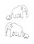 Four mammoths, colouring book page uncolored and colored