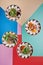 Four meatless dishes on a colored background. Vegetarian salads in beautiful plates. Top view. Series of photo for menu