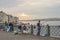 Four Men Fishing on Galata Bridge over Bosphorus Strait on Daybreak