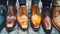 Four mens business shoes lined up in perfect formation, creating a harmonious display of elegant footwear