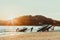 Four mens at sunset pull hydrocycle out of the water. Workers of the beach. Water bike loaded onto a rickshaw trailer