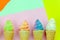Four mini model ice cream on colorful background.selective focus.