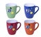 Four mugs red, green, blue, orange, with printed design fish