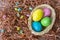 Four multicolor Easter eggs in a basket on wooden background. Easter celebratory wallpaper with copy space