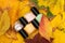 Four nail polish bottles with yellow autumn leaves. Green, rose, yellow and glitter silver nail varnish bottles