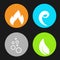 Four natural elements - fire, air, water, earth - nature circular symbols with flame, bubble air, wave water and leaf