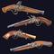 Four old flintlock pistols isolated on a dark blue background.