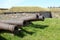 Four old military cannons on grass