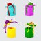 Four open gift boxes and bows with lids
