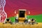 Four orange combine harvesters on rye field with flag background, Belarus agriculture concept - industrial 3D illustration