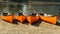 Four orange kayaks berthed on a sandy lake beach beside a lake