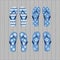 Four pair of different flip flops - blue white colors on grey wooden background