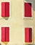 Four pair of red, tall, wood, window shutters