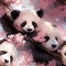 Four pandas surrounded by pink blossoms on a tree branch (tiled