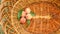 Four peach fruits with green leaves lie in a wicker basket top view