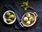 Four peeled pears ready to be roasted. Ingredients for recipe. Overhead shot