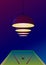 Four pendant burgundy lamps hang and shine over the pool table on which there are two cues and one ball. Billiard concept,