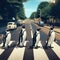 Four penguins crossing at Abbey Road