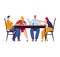 Four people sitting at a dining table enjoying a meal together. Casual dining, two women and two men engage in