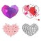 four pictures of stylized hearts in low poly style, sketches vector graphic colour illustrations