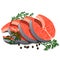 Four pieces of sliced salmon with dill and black pepper