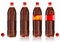 Four plastic bottles of cola with labels