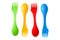 Four plastic varicolored camping cutlery tools spoons and forks