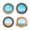 Four porthole views showing different landscapes with mountains and clouds. Travel and exploration concept vector