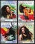 Four portraits of Bob Marley on postage stamps