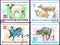 On four postage stamps printed in Mongolia show the image of a young animal - kid, baby Buffalo, lamb, baby saigaik.