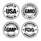 Four product badges, made in USA, GMO free, Good manufacturing practice, approved