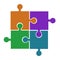 Four puzzle pieces orange violet green and blue vector icon, con