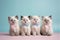 Four Ragdoll kittens with bowties on pastel blue background