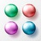 Four realistic transparent spheres or balls in different shades of metallic gteen, red, pink and blue color. Vector illustration e