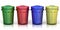 Four recycle bins for recycling paper, metal, glass and plastic