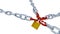 Four Red Bended Links Locked with a Padlock on Four Chains