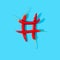 Four red hot chili peppers on a blue background assembled in a shape of hashtag. Social media or marketing  idea creative concept