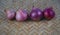 Four red medium sized onion placed beautifully in a line on a wooden background