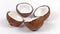 Four ripe coconut halves with yummy pulp rotating on white isolated background. Loopable seamless