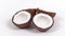 Four ripe coconut halves with yummy pulp rotating on white isolated background. Loopable seamless
