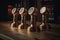 Four round marquee copper beer taps on a wooden surface