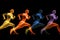 Four runners, depicted in a dynamic and colorful way against a black background. Generative AI