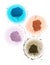 Four samples of bright dry pigment in the form of a flower.