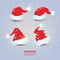 Four Santa`s red hat set on snowy background. vector illustratio
