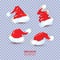 Four Santa`s red hats on transparent checkered background. vecto