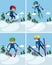 Four scenes with people skiing on mountain
