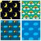 Four seamless patterns with hand drawn moon, rainbow, clouds and umbrella